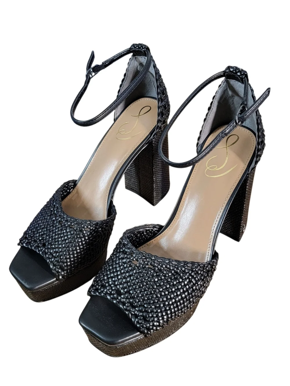 Sam Edelman Nattie Black Woven Platform Block Heel Sandals